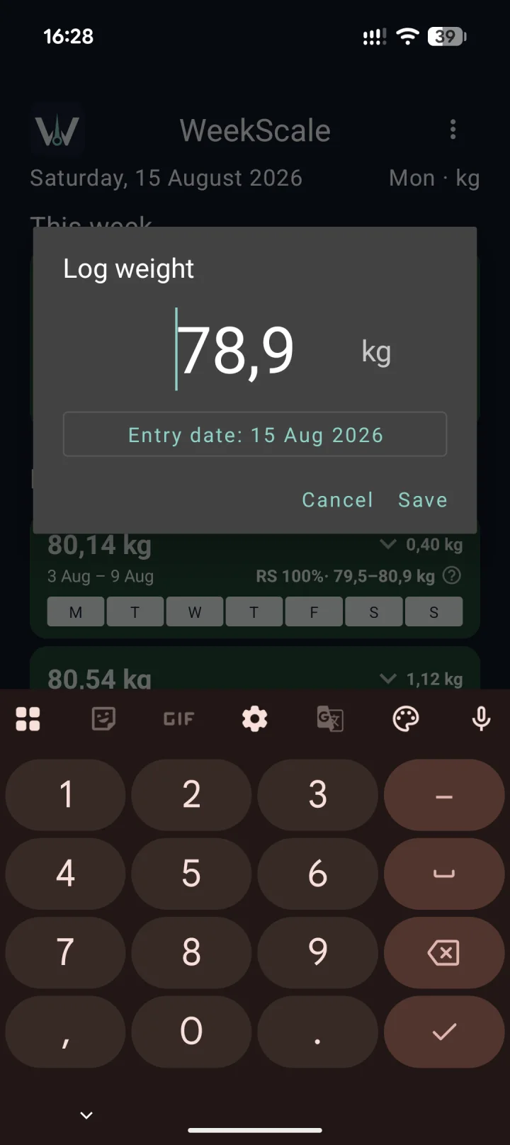WeekScale dialog for quickly logging a weight